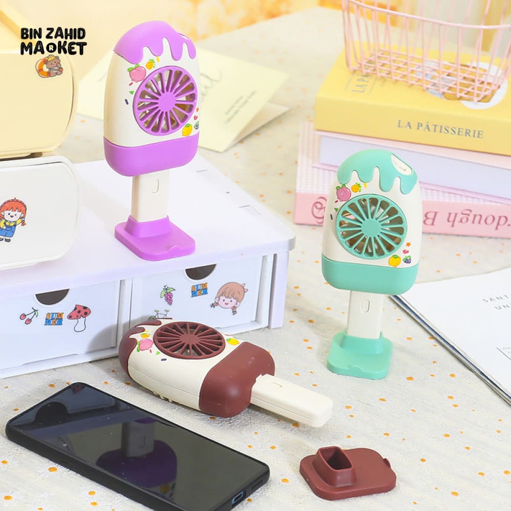CREATIVE HANDHELD ICE CREAM SHAPE FAN β PORTABLE OUTDOOR COOLING 3-SPEED STRONG WIND RECHARGEABLE DESKTOP STAND FAN