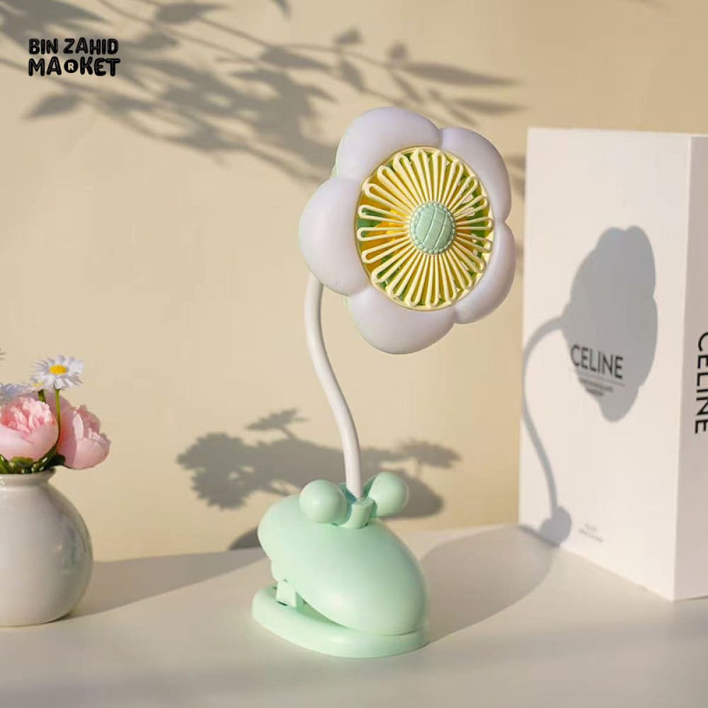 FLOWER CLIP-ON MINI FAN WITH NIGHT LIGHT β USB RECHARGEABLE DESK FAN FOR STUDENTS OFFICE & SUMMER USE