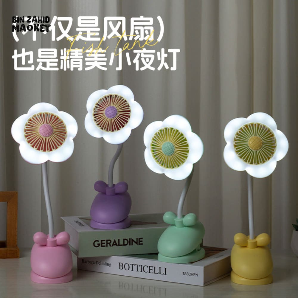 FLOWER CLIP-ON MINI FAN WITH NIGHT LIGHT β USB RECHARGEABLE DESK FAN FOR STUDENTS OFFICE & SUMMER USE