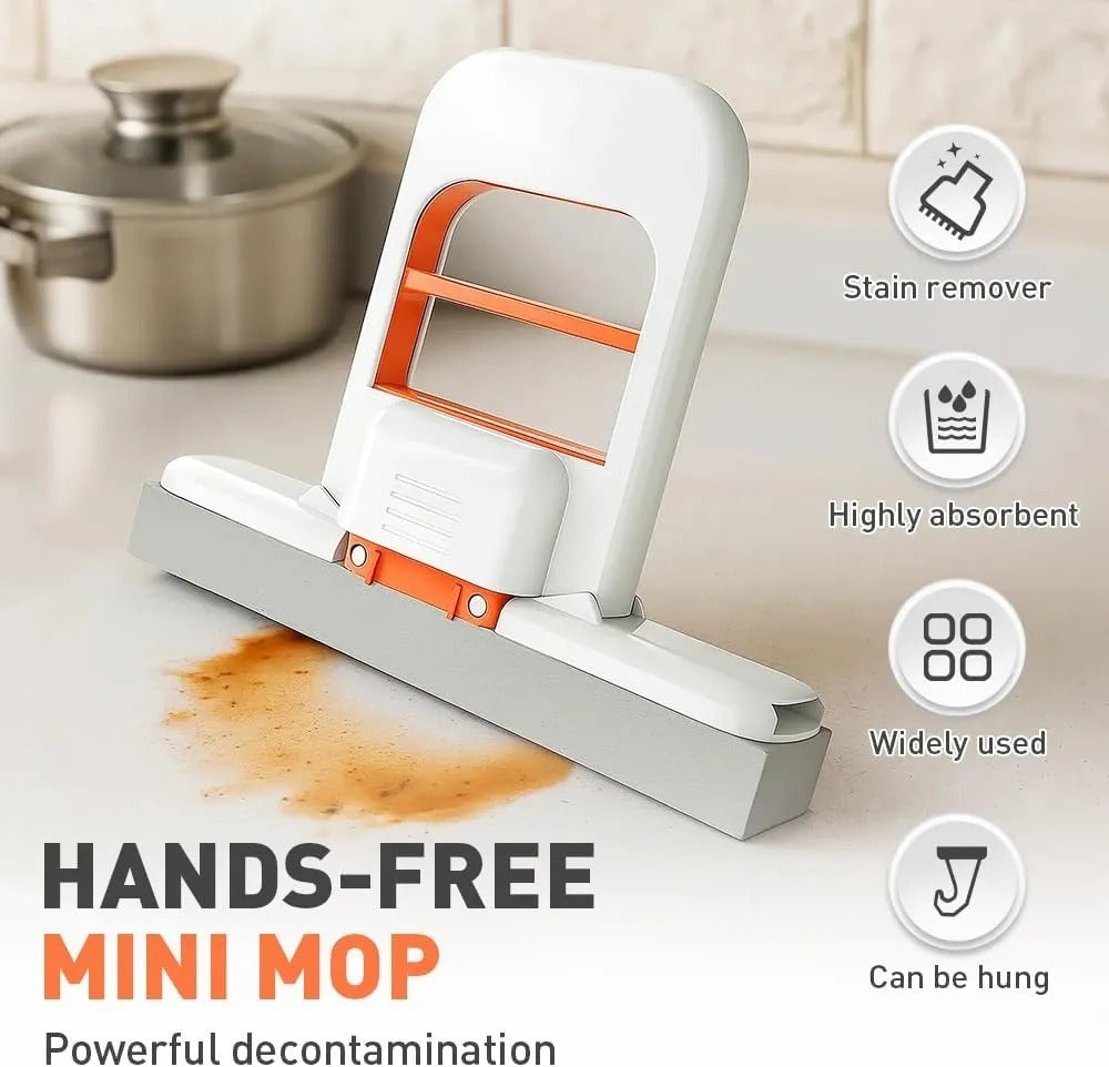 New One-Hand Press Mini Foldable Desktop Mop Self Wringing | Portable Sponge Mop for Kitchen Bathroom Glass Table | No Hand Wash Mini Cleaning Mop | Space Saving Compact Cleaning Tool